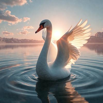 The primary subject of the image is a white swan floating on a body of water. The swan is the main focus of the image, and it appears to be enjoying the serene environment. The setting is a lake or a pond, with a beautiful sunset in the background. The visual style of the image is a photo, capturing the swan in its natural habitat. The colors and mood of the image are predominantly warm and calming, with the sunset casting a warm glow over the scene.